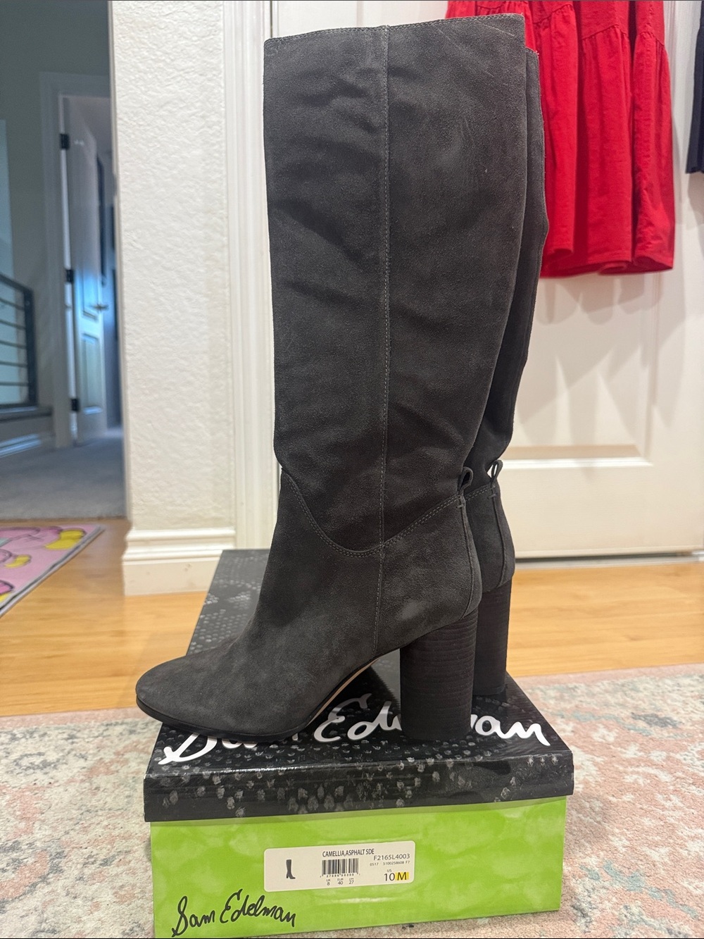 Sam Edelman Charcoal Suede Knee-High Block Heel Boots